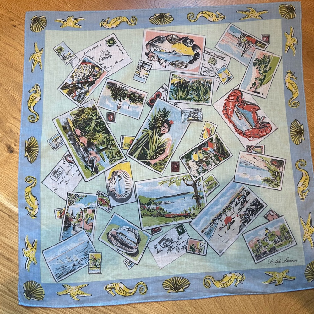 Ralph Lauren Blue and Green Nautical Postcard Print Scarf